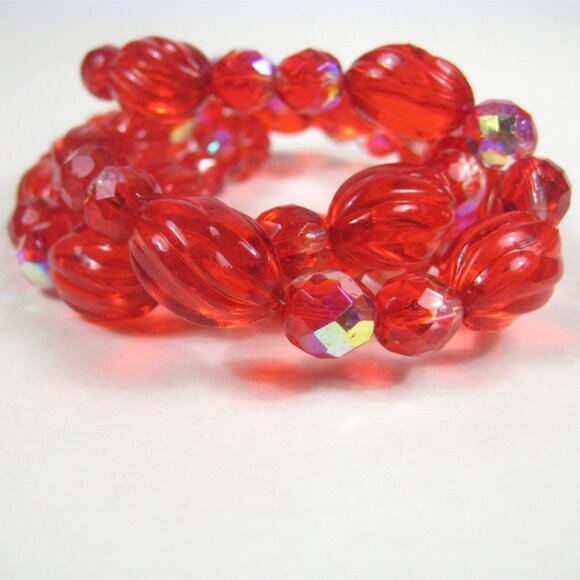 Red Plastic and Glass Beaded Necklace 31 in Vintage Strand Aurora Borealis READ - Picture 7 of 15